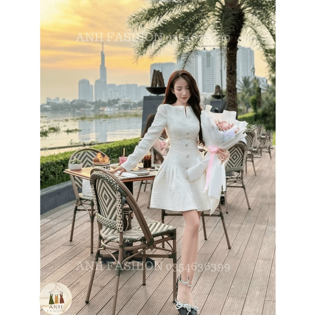 Váy dạ tweed   đầm dạ tweed tay dài | đầm dạ cao cấp ly eo khuy đá cao cấp ANH FASHION