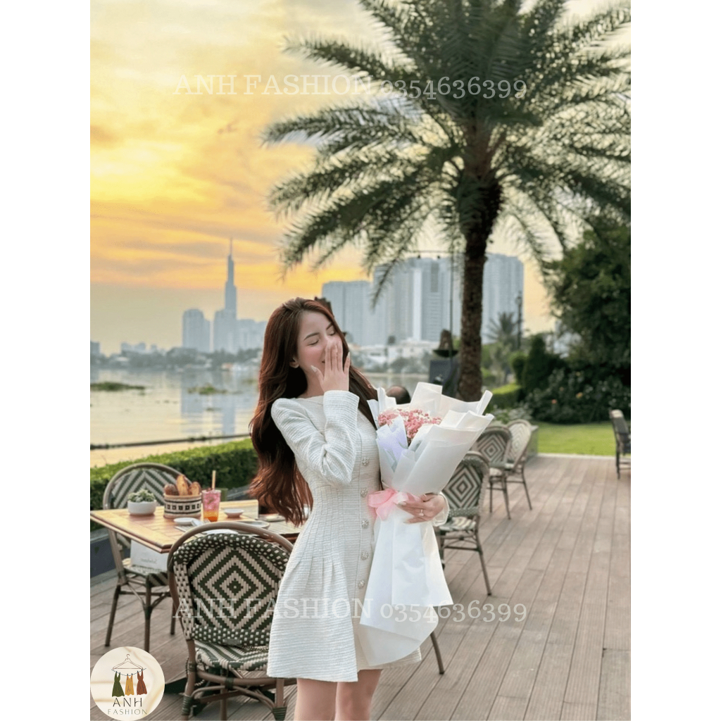 Váy dạ tweed   đầm dạ tweed tay dài | đầm dạ cao cấp ly eo khuy đá cao cấp ANH FASHION