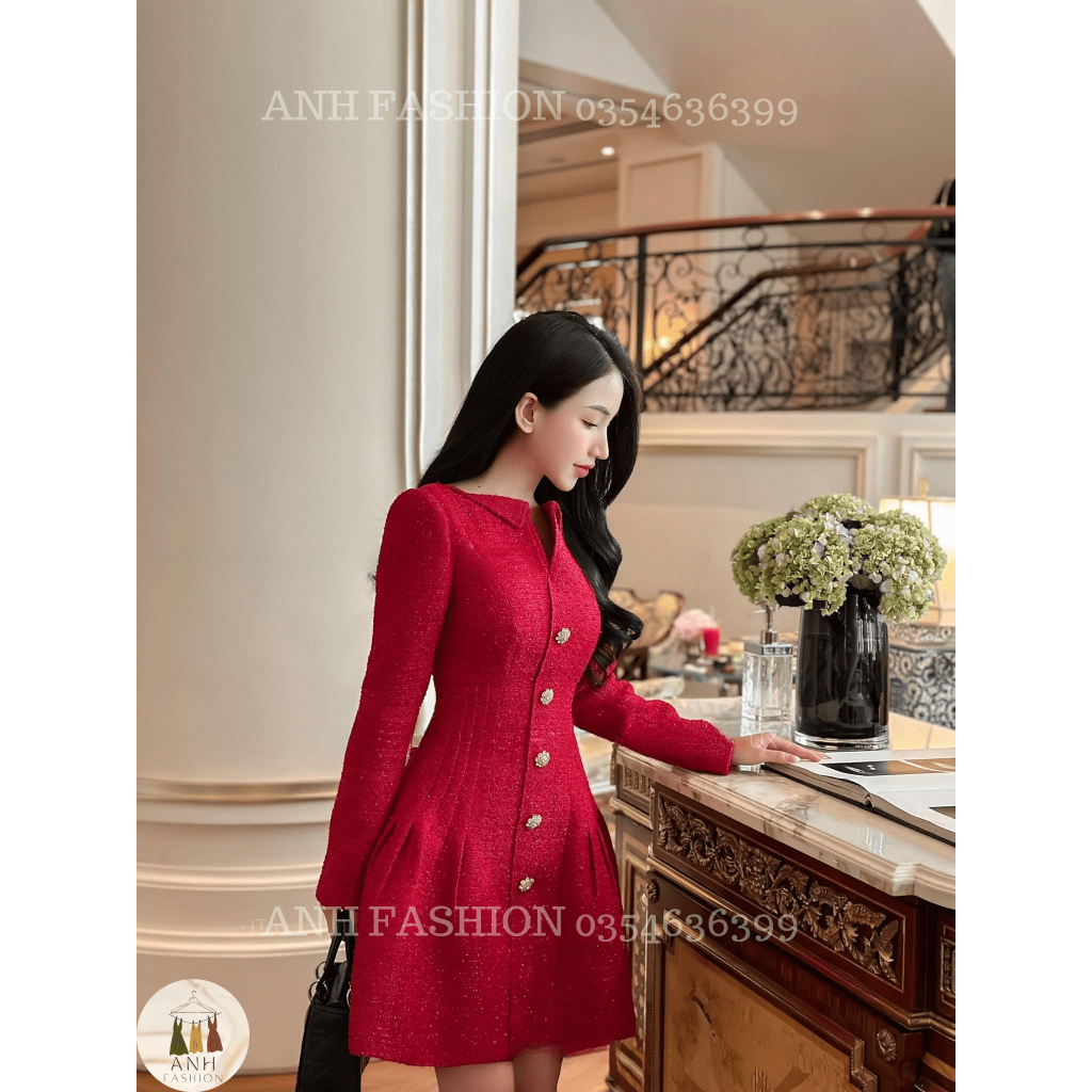 Váy dạ tweed   đầm dạ tweed tay dài | đầm dạ cao cấp ly eo khuy đá cao cấp ANH FASHION