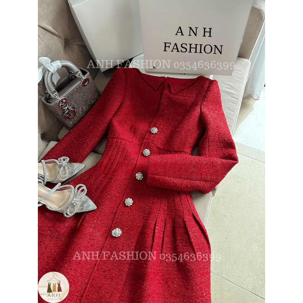 Váy dạ tweed   đầm dạ tweed tay dài | đầm dạ cao cấp ly eo khuy đá cao cấp ANH FASHION