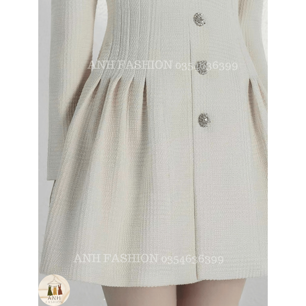 Váy dạ tweed   đầm dạ tweed tay dài | đầm dạ cao cấp ly eo khuy đá cao cấp ANH FASHION