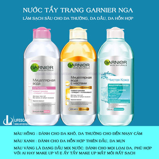 Nước tẩy trang Garnier Nga màu xanh, hồng, vàng làm sạch sâu cho da hỗn hợp, da thường, da dầu, 400ml