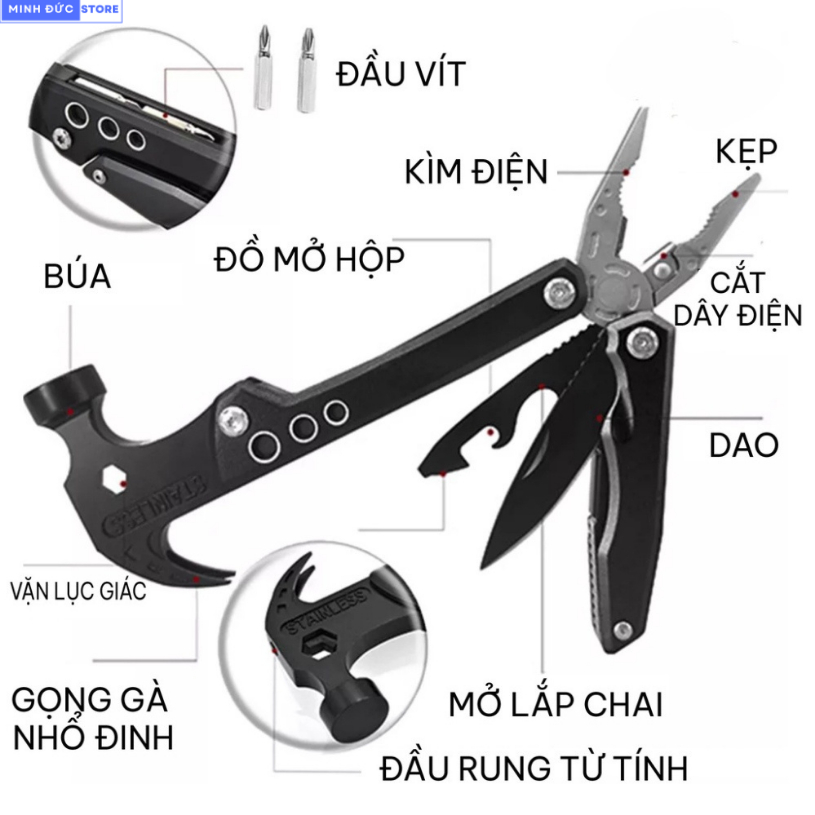 💚 Búa đa năng gấp gọn bằng Thép không gỉ - Bộ dụng cụ đi phượt, cứu hộ khi gặp - Búa kiêm kìm, tua vít
