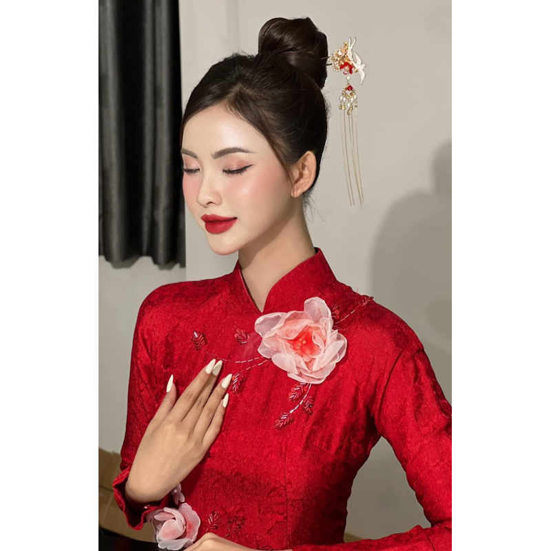 Trâm cài tóc cô dâu áo dài - trâm én phối hoa đỏ, dành cho dâu xinh nhà mình - Phụ kiện cưới Bích Dung