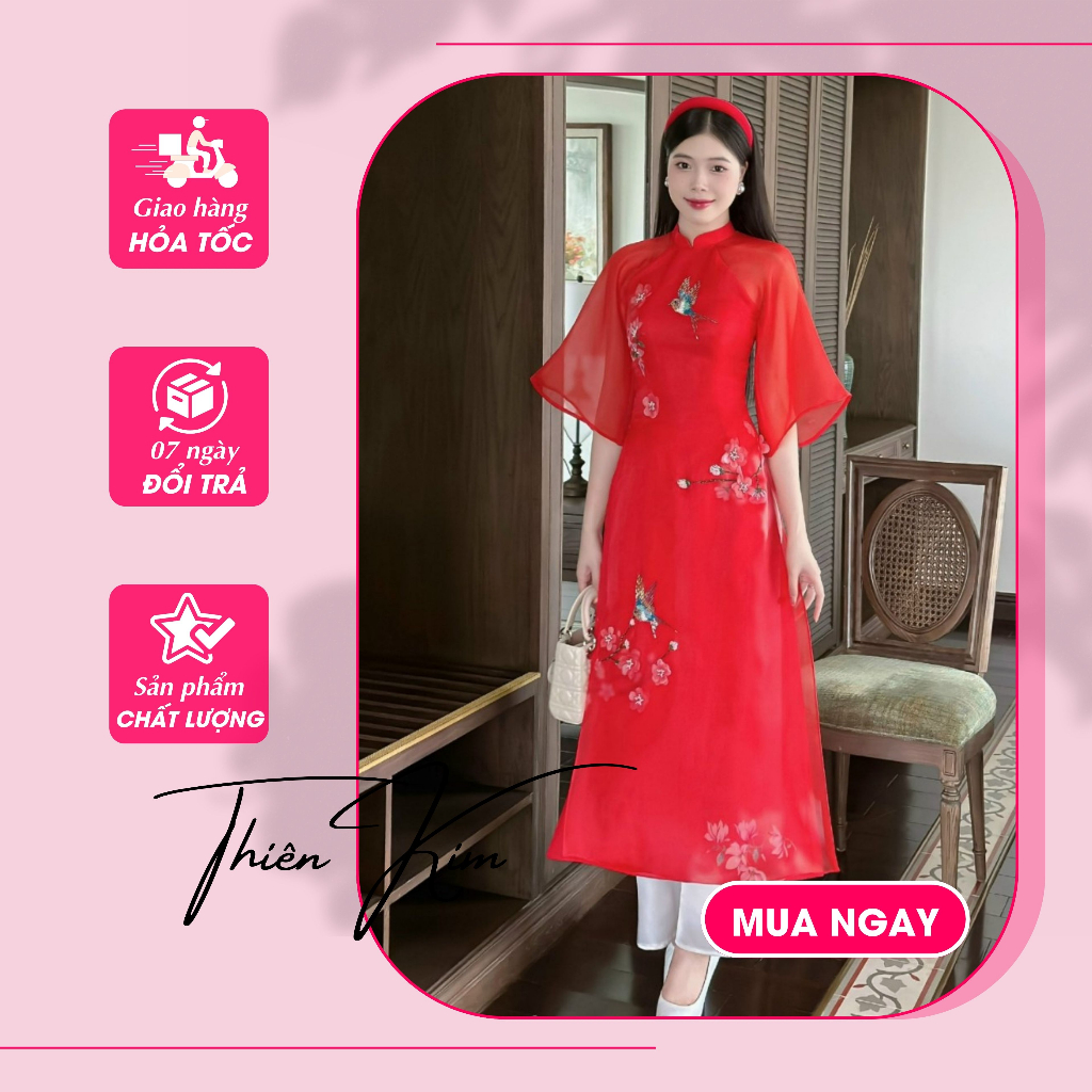Áo dài cách tân thiết kế màu đỏ nổi bật cùng chất tơ óng đính kết họa tiết cao cấp - Thiên Kim Boutique