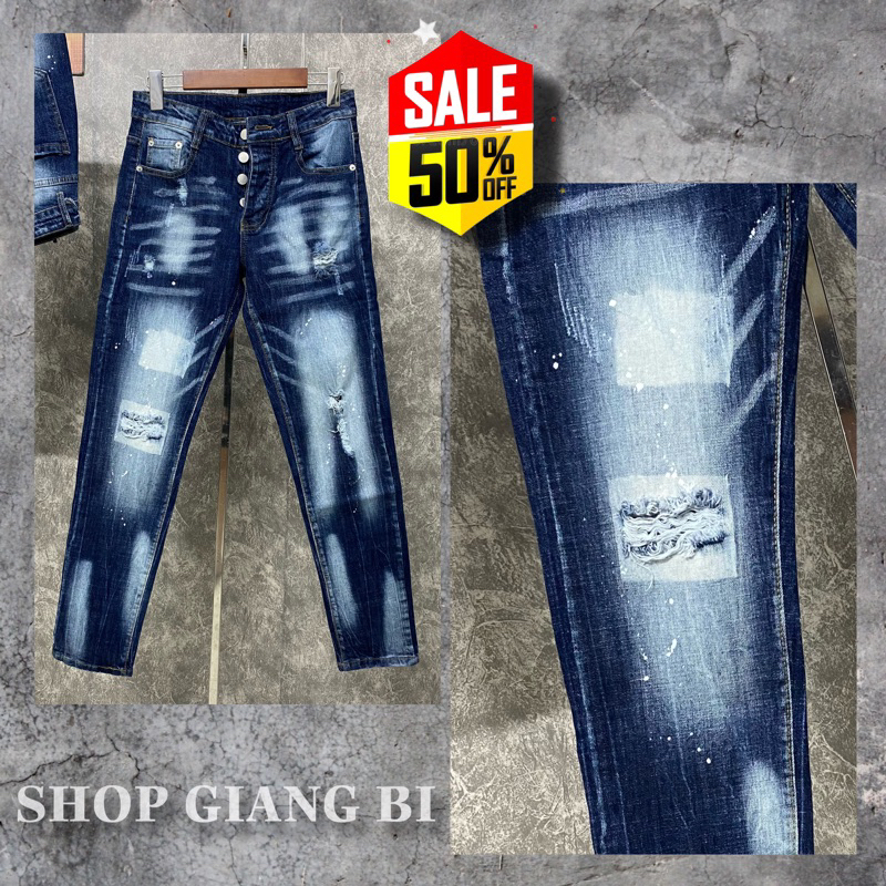 Quần jean dsq2 xanh 4 khuy kẻ ô vuông đơn giản,quần bò xanh chấm sơn dsq2 rách nhẹ