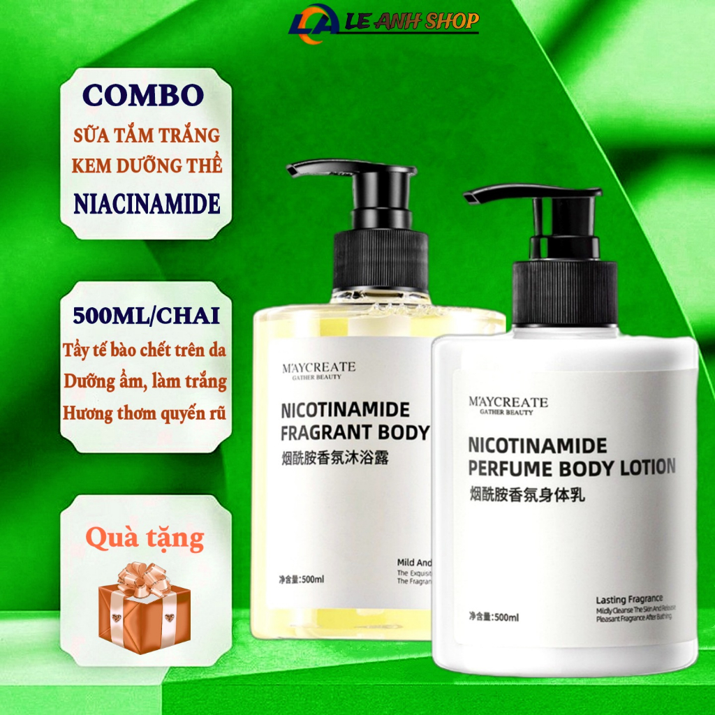 Combo sữa dưỡng thể, sữa tắm dưỡng trắng Niacinamide Maycreate Unisex 500ml