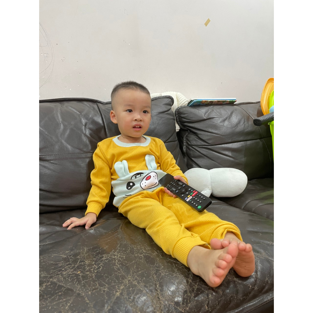 Bộ quần áo dài tay, thu đông, mặc điều hòa, chất xốp tổ ong, may hình gấu ngộ nghĩnh, cho bé trai, bé gái-BD11