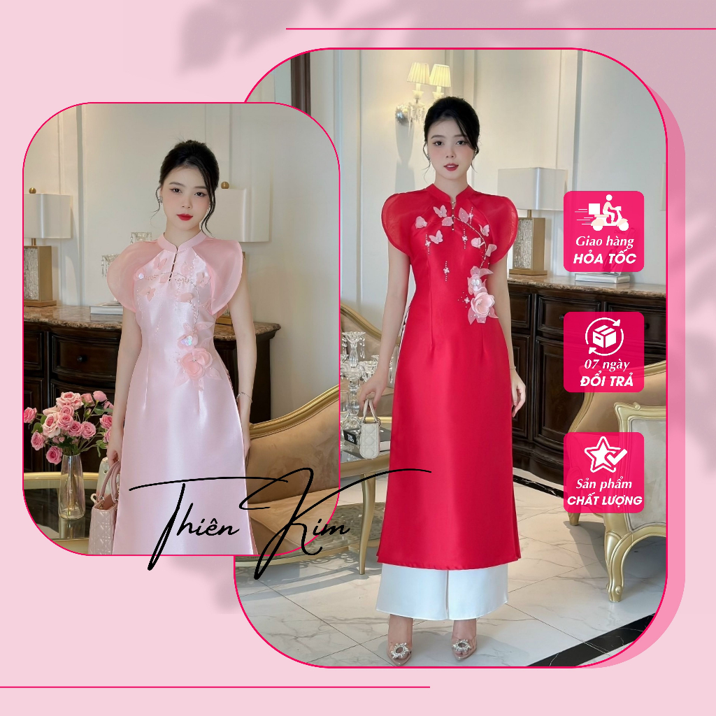 Áo dài nữ thiết kế chất vải tafta phối tay organza lên phom rất sang - Thiên Kim Boutique