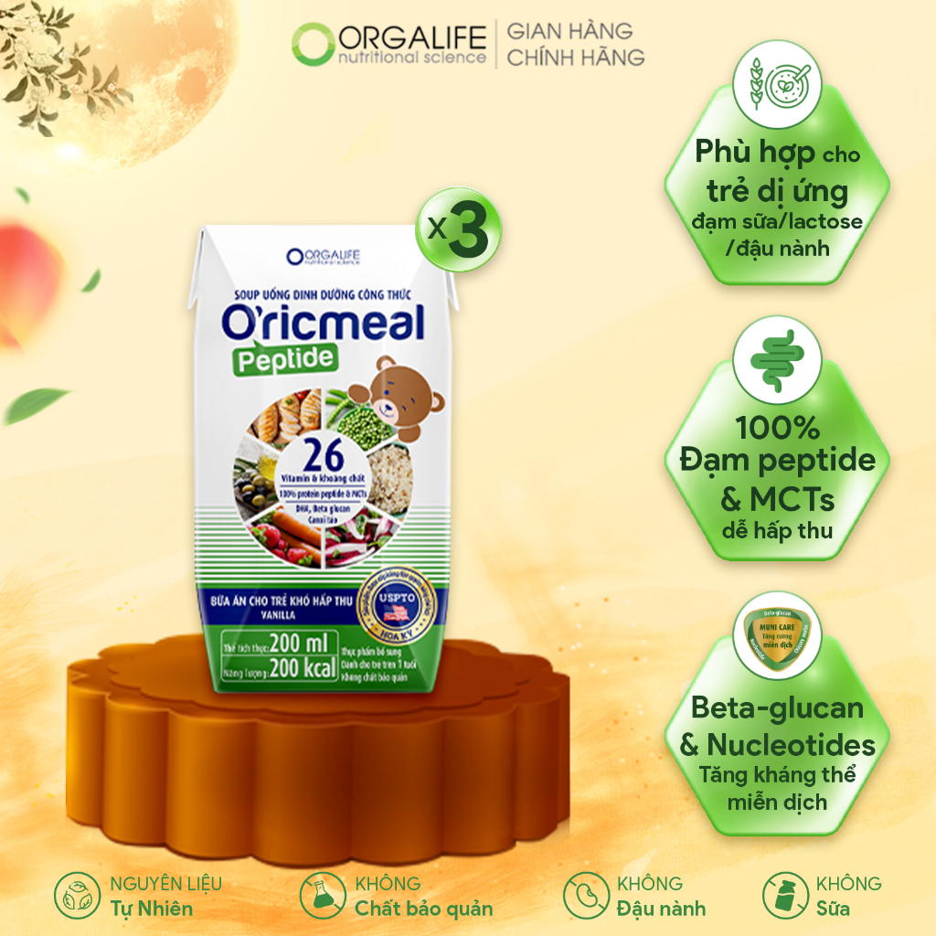 Lốc 3 Hộp soup uống dinh dưỡng O'ricmeal Peptide 200ml/hộp - Tăng cường miễn dịch, phát triển trí não, giúp trẻ cao lớn