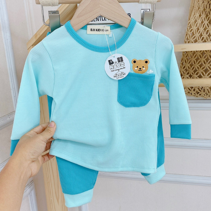 Bộ quần áo dài tay, thu đông, mặc điều hòa, chất thun tăm, phối túi, cho bé trai, bé gái – BD05