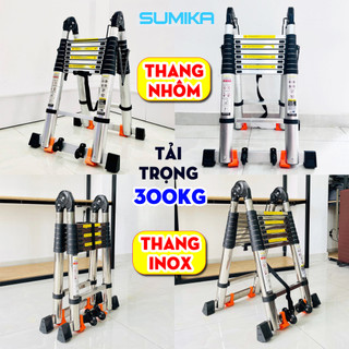 Thang INOX & NHÔM rút đôi Chữ A Sumika xếp gọn cao 1.9m, 2.2m, 2.5m, 2.8m tải trọng 300kg, bảo hành 2 năm, Có Bánh Xe