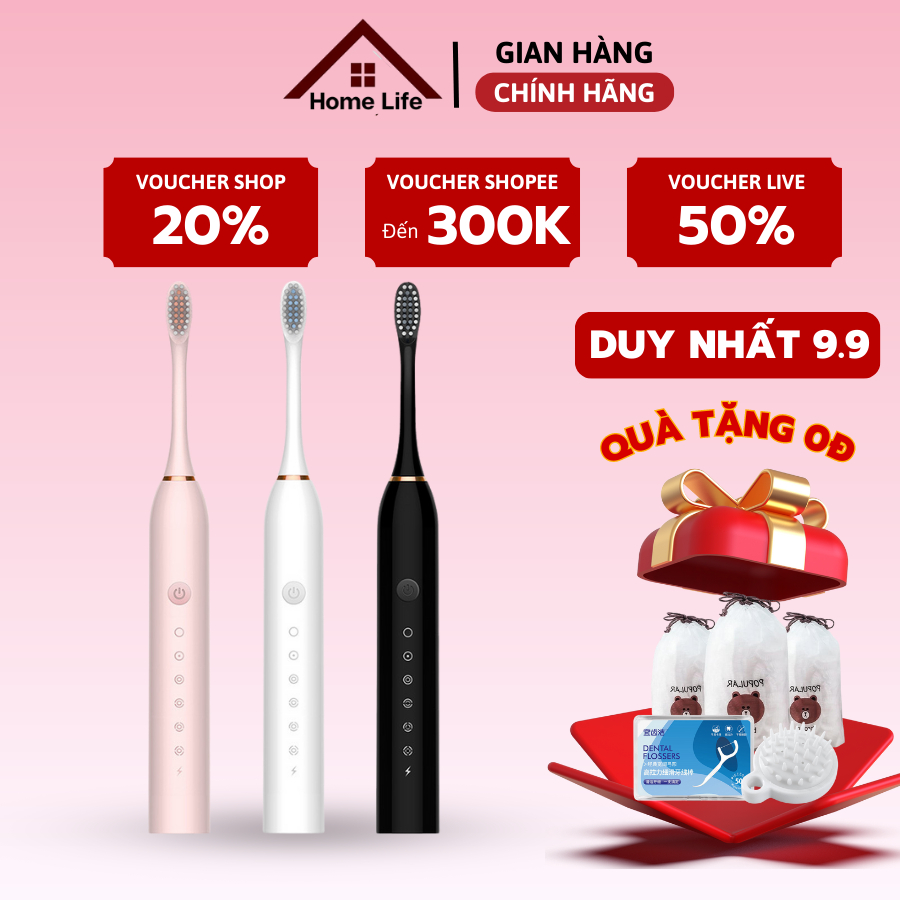Bàn Chải Đánh Răng, Bàn Chải Điện Công Nghệ Rung Sóng Âm 5 Chế Độ Bản Nâng Cấp Tặng Kèm 5 Đầu Bàn Chải