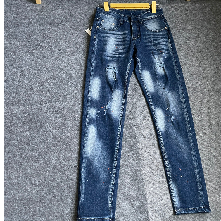 Quần bò jean nam dài xanh rách vẩy sơn đẹp cá tính,chất jean co giãn chuẩn form giá tốt