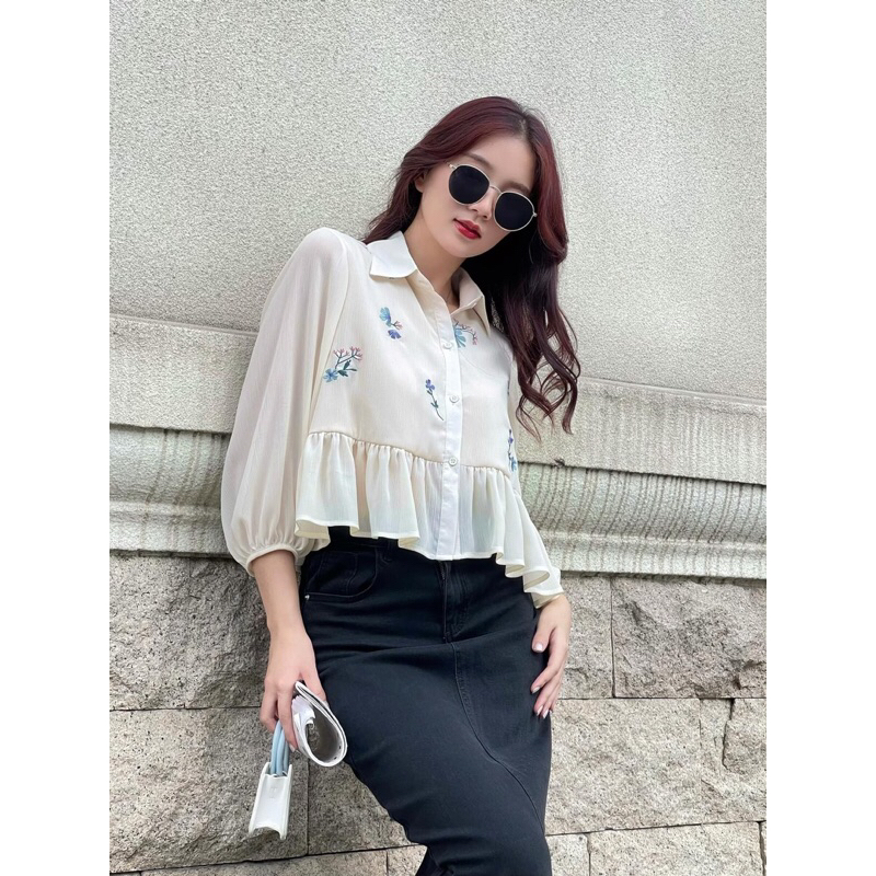 Áo sơ mi nữ dạo phố công sở dáng babydoll thêu hoa tay phồng tinh tế thiết kế thời trang dễ thương xinh xắn trẻ trung