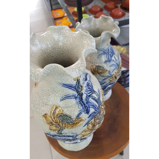 Lọ Hoa Thờ Cúng Hoa Văn Sen men rạn - Gốm Sứ Bát Tràng