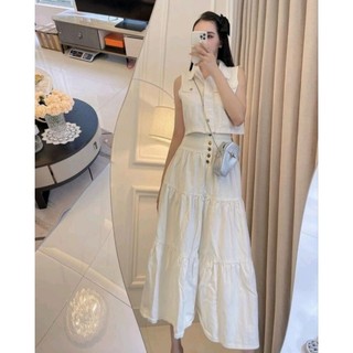 Áo jean croptop túi ngực - chân váy jean xoè dáng dài