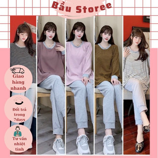 Bộ bầu kẻ thu đông dài tay xinh xắn cho mẹ bầu trước và sau sinh v55