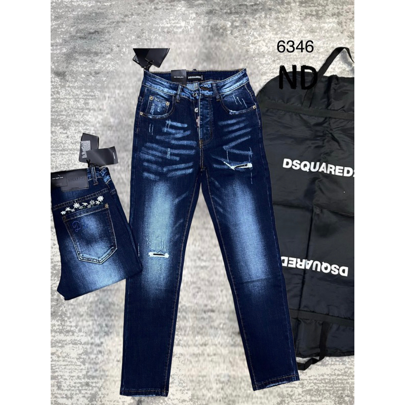 Quần jean xanh dsq2 thêu chữ D2 hoa cúc túi quần,quần bò xanh dsq2 rách nhẹ 4 khuy