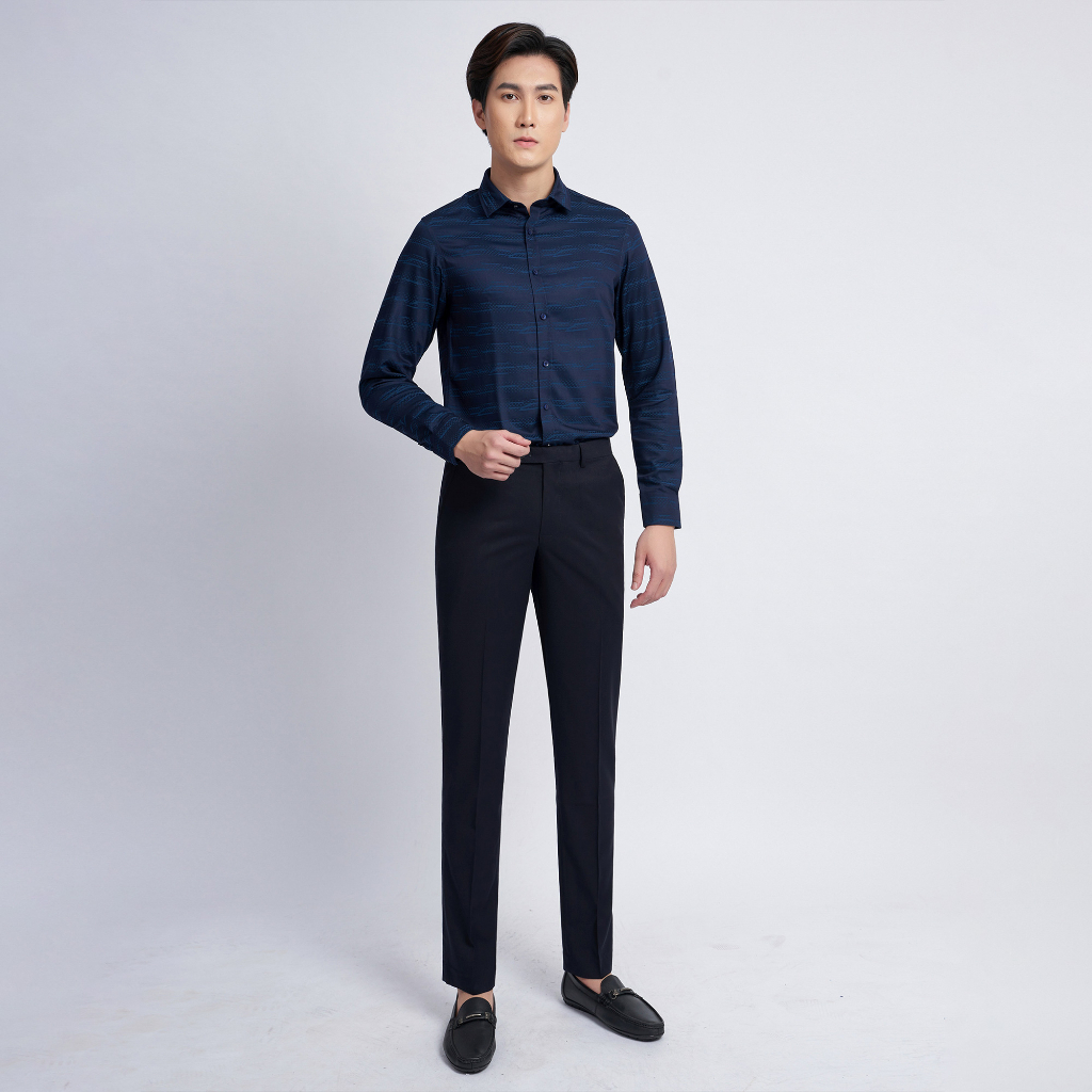 Quần Âu Nam Cao Cấp Cạp Chun Co Giãn 0611 Dáng Suông Màu Xanh Đen Vân Vải Gai - Vulcano