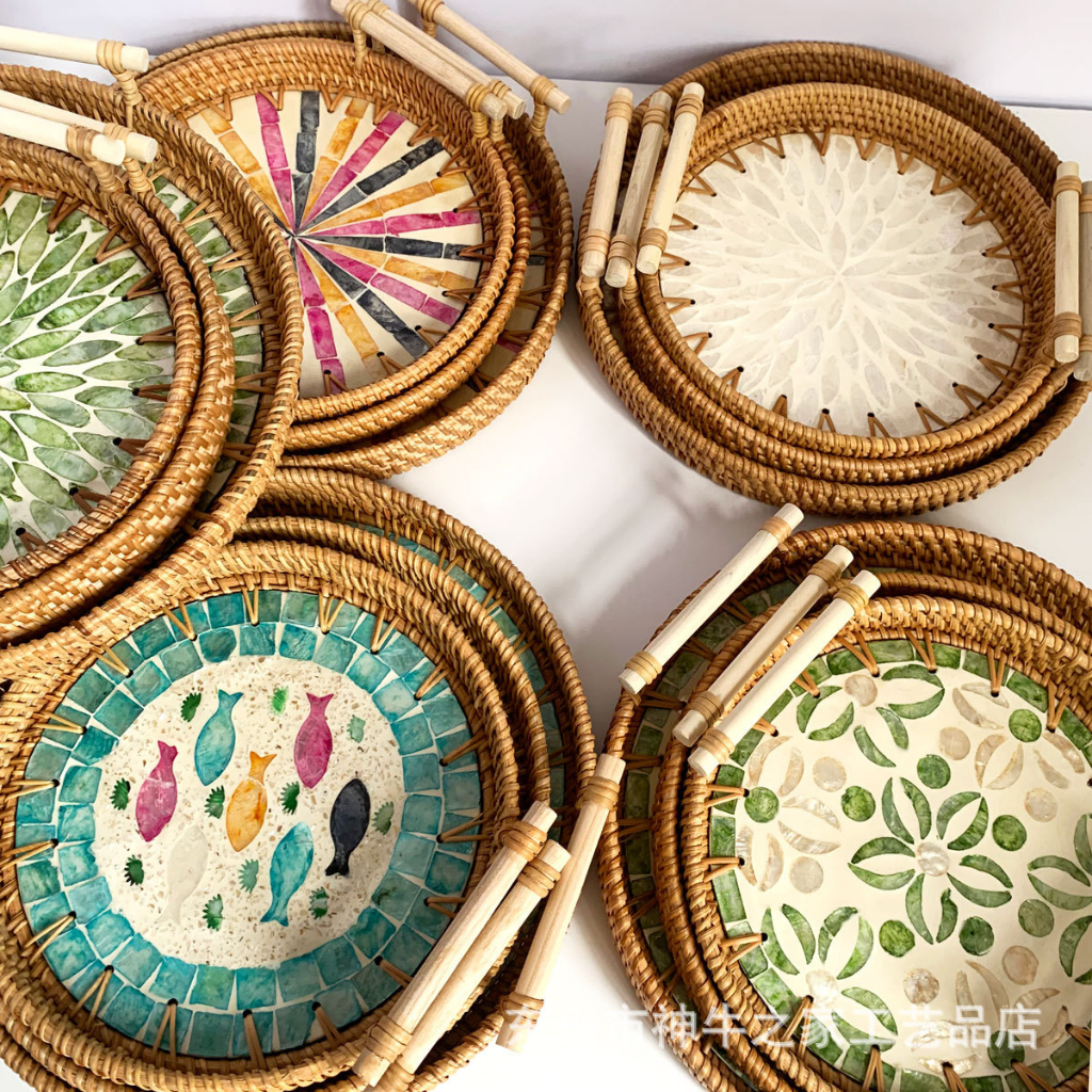 Khay khảm trai có tay cầm decor nhà bếp đựng bánh kẹo hoa quả