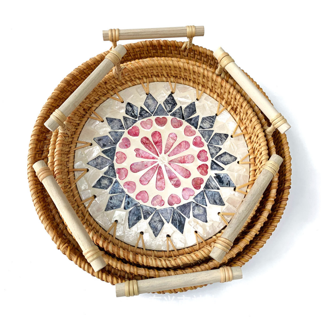 Khay khảm trai có tay cầm decor nhà bếp đựng bánh kẹo hoa quả