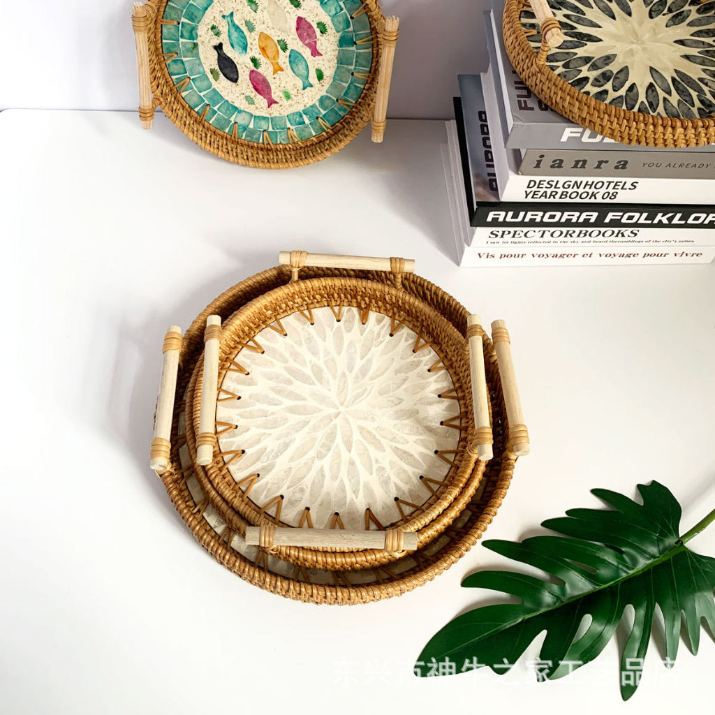 Khay khảm trai có tay cầm decor nhà bếp đựng bánh kẹo hoa quả