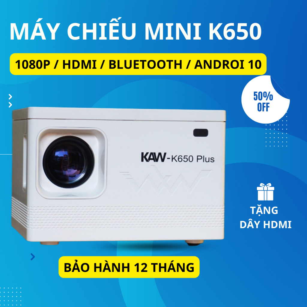 Máy chiếu mini KAW K650 hệ điều hành Androi kết nối điện thoại máy tính bảo hành chính hãng 12 tháng