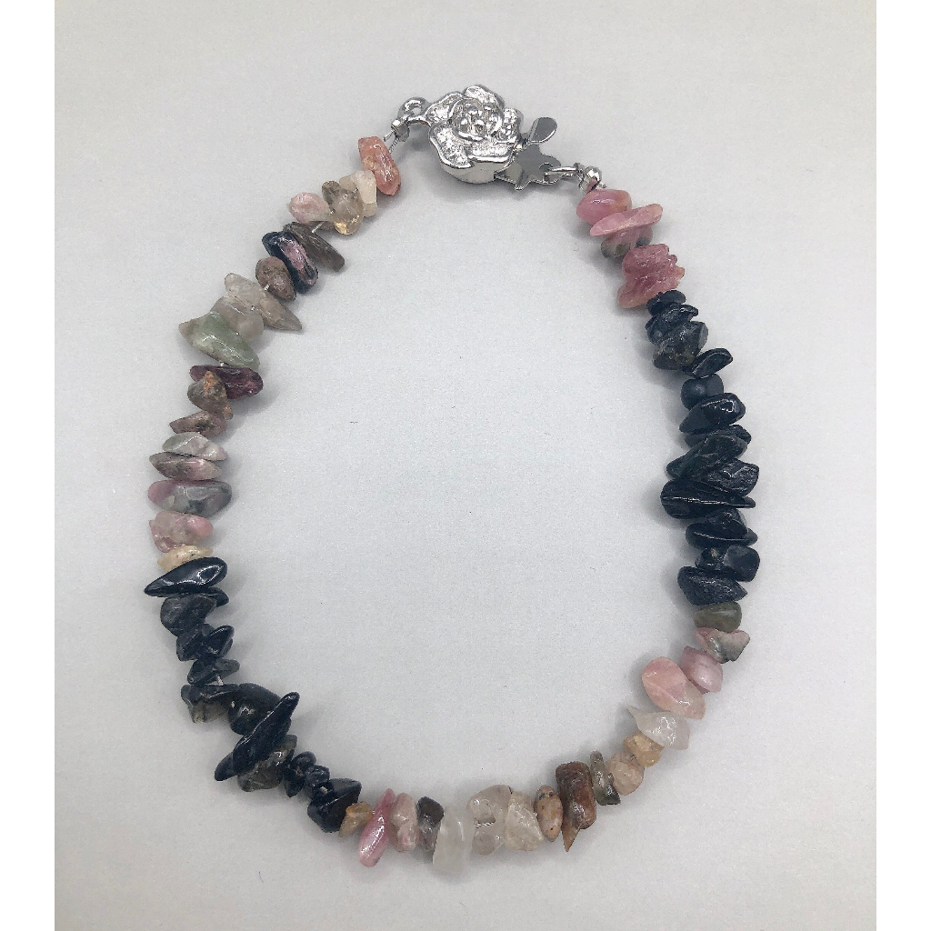 Vòng tay Tourmaline nhí 3mm-5mm thô khóa hoa hồng bạc 925 14cm