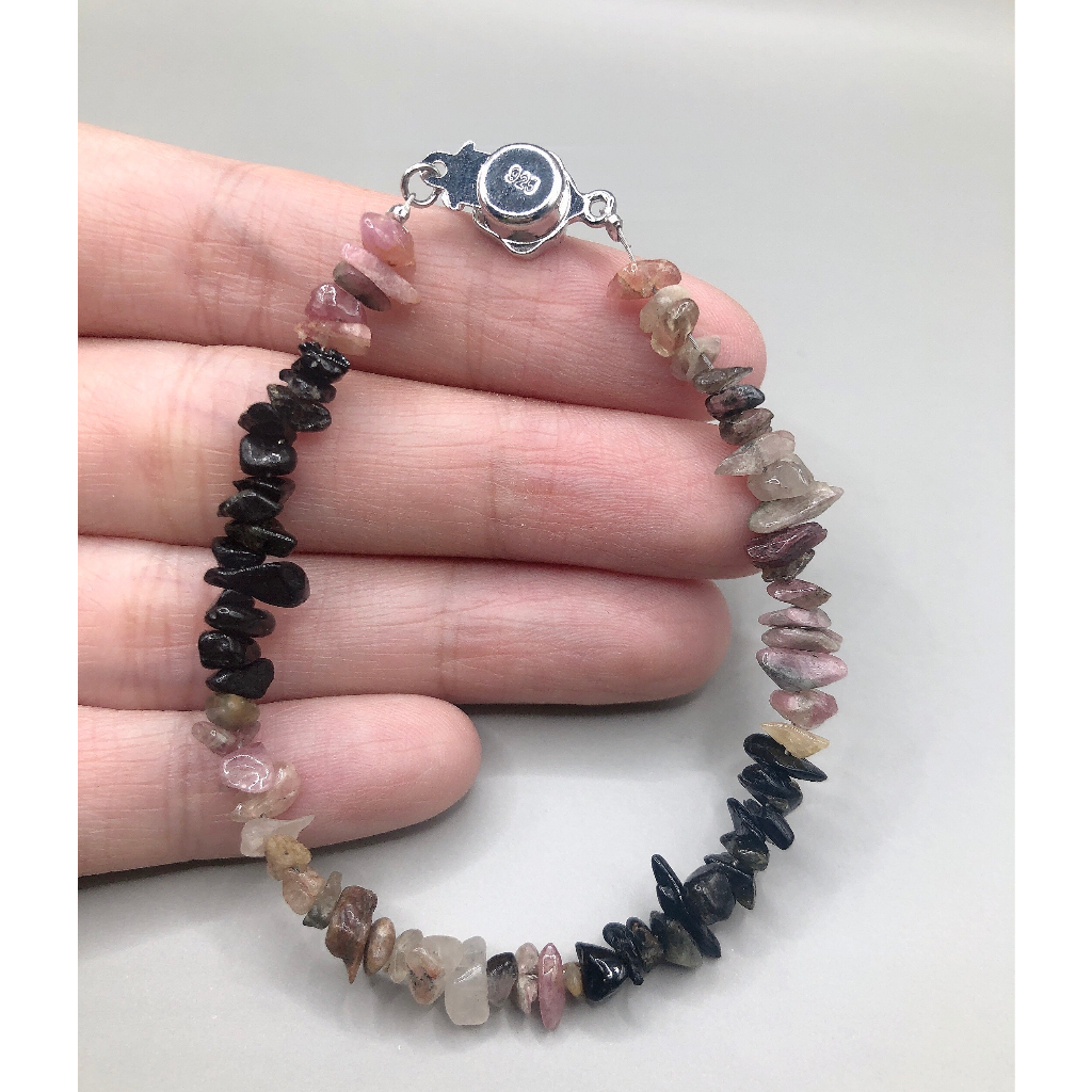 Vòng tay Tourmaline nhí 3mm-5mm thô khóa hoa hồng bạc 925 14cm