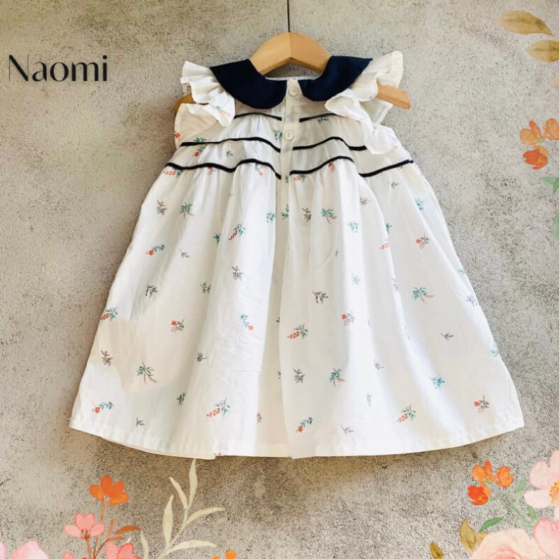 Váy Đầm cho bé gái NAOMI, cổ lá sen hoa nhí 2 màu, chất thô cotton thoáng mát