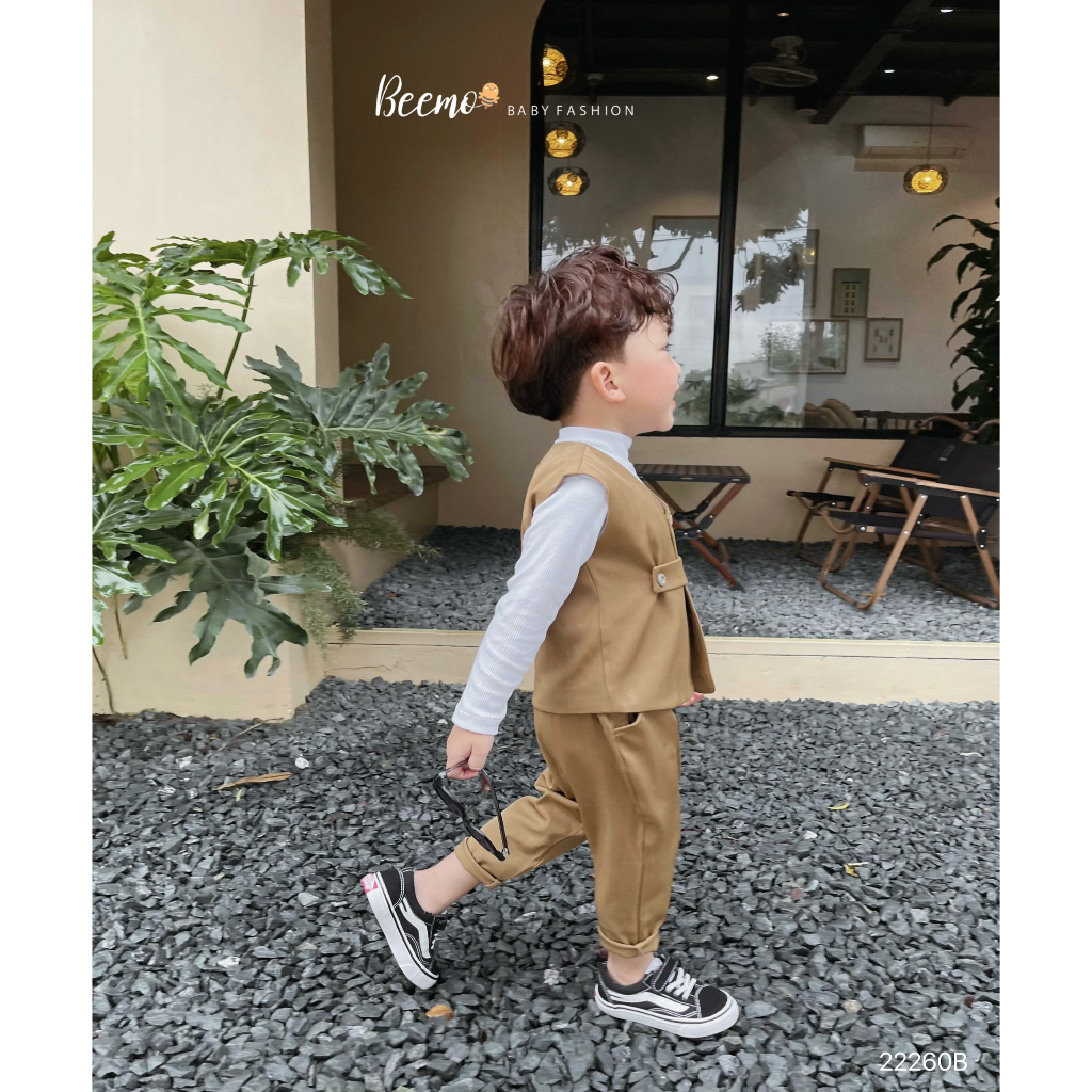 Set bộ gile Beemo cho bé trai (áo gile,quần,áo trong) phối khuy chéo phong cách Hàn Quốc vải text chéo chuẩn form 22260B