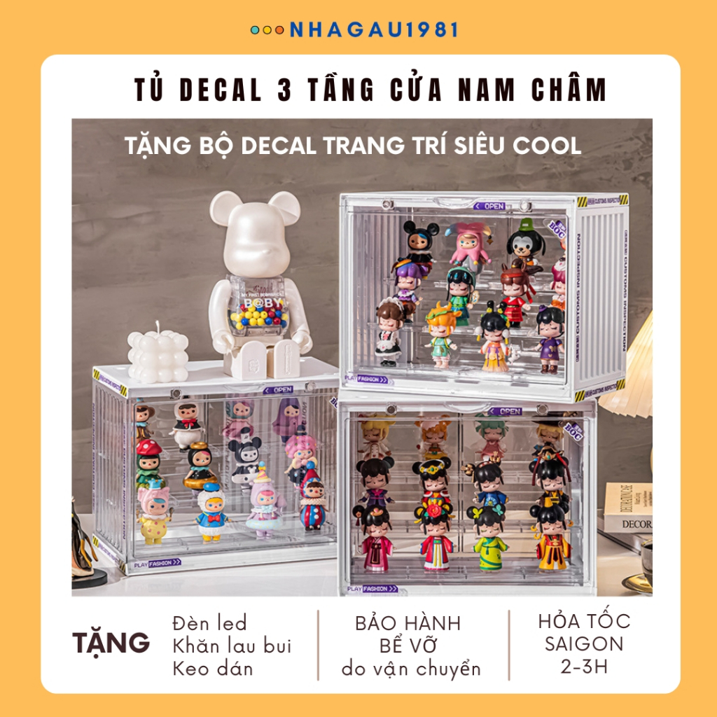 Tủ Trưng Bày Mô Hình Decal 3 Tầng Trong Suốt Cửa Nam Châm Tủ Đa Năng Trưng Bày Nước Hoa Mỹ Phẩm Túi Xách