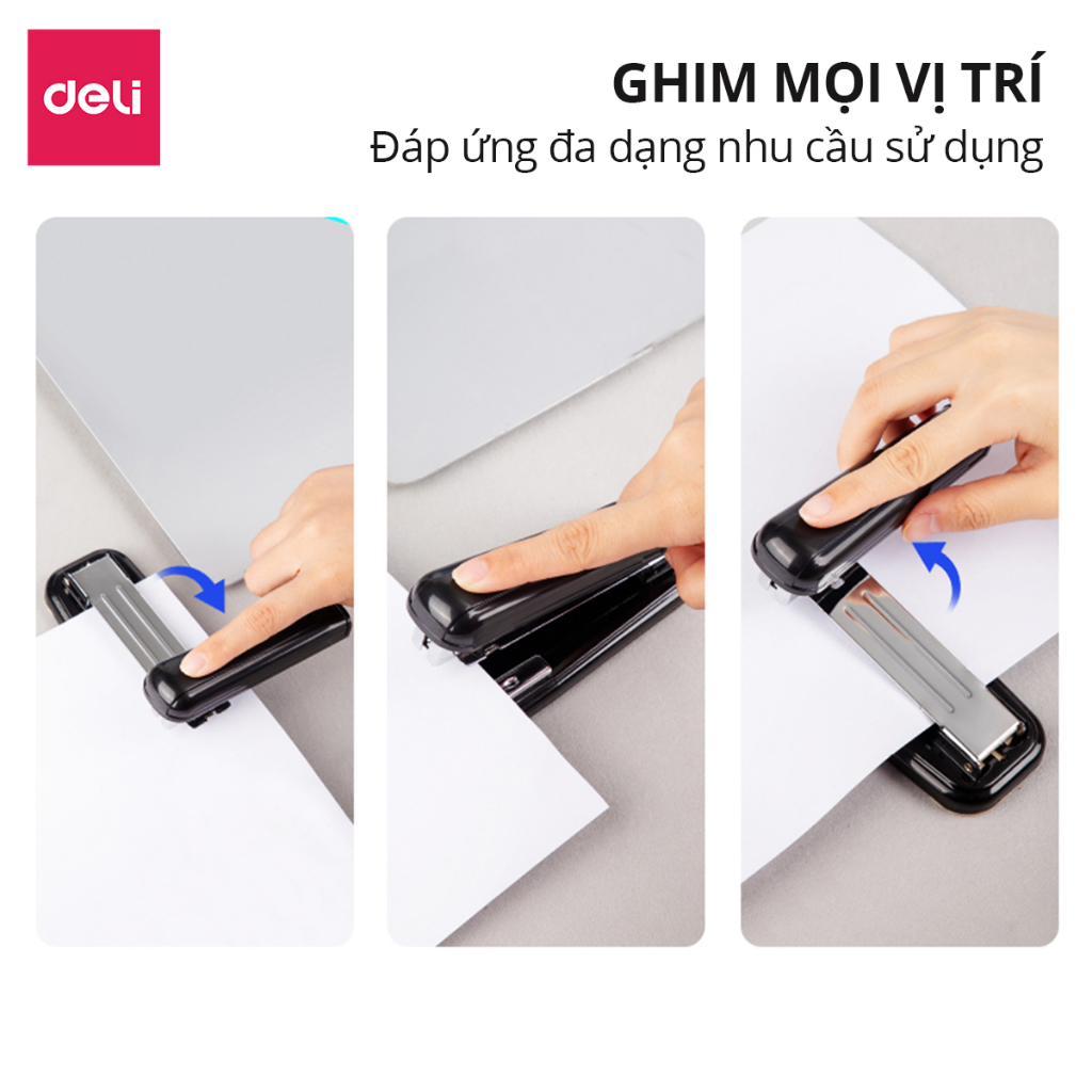 Dập ghim, ghim bấm xoay chiều 3 chiều 25 trang Deli cao cấp sử dụng học sinh, văn phòng