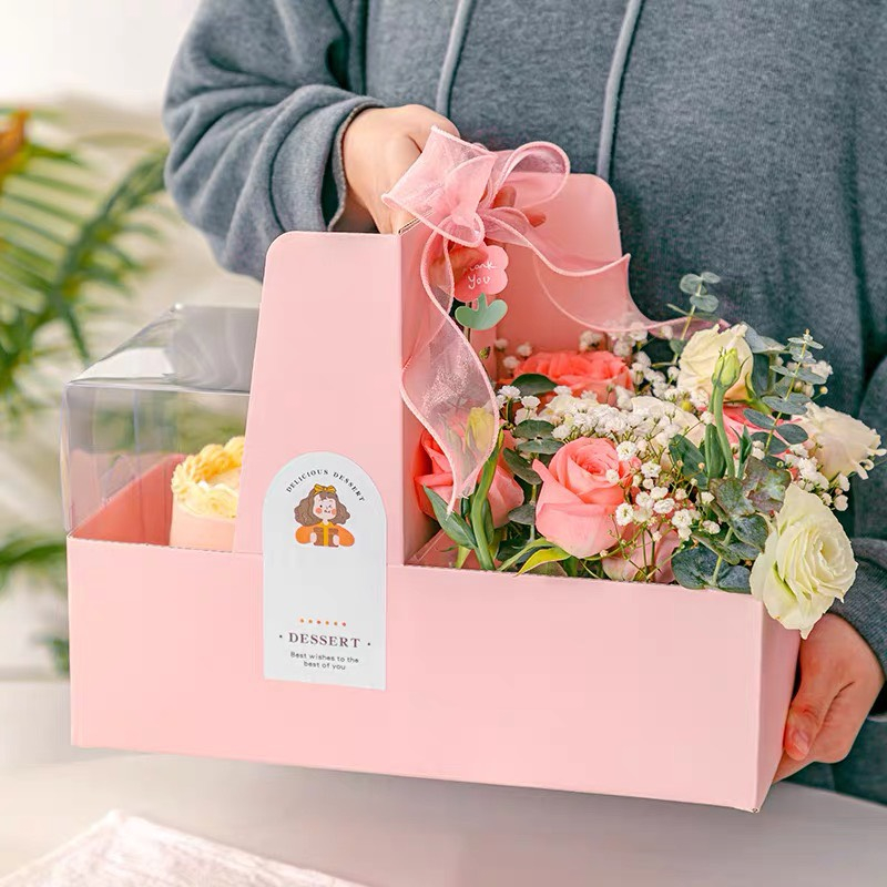 Hộp giấy 2 ngăn đựng hoa và bánh, túi giấy 2 ngăn đựng bánh và hoa