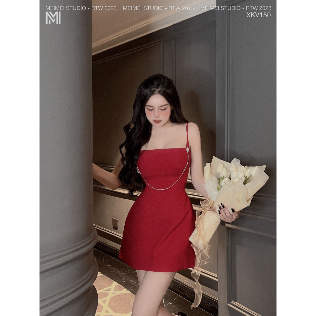 Váy 2 dây quai vuông dây đá, Đầm dáng chữ A ngắn đến đùi, mặc đi chơi, đi tiệc | XKV150 | Meimei Studio