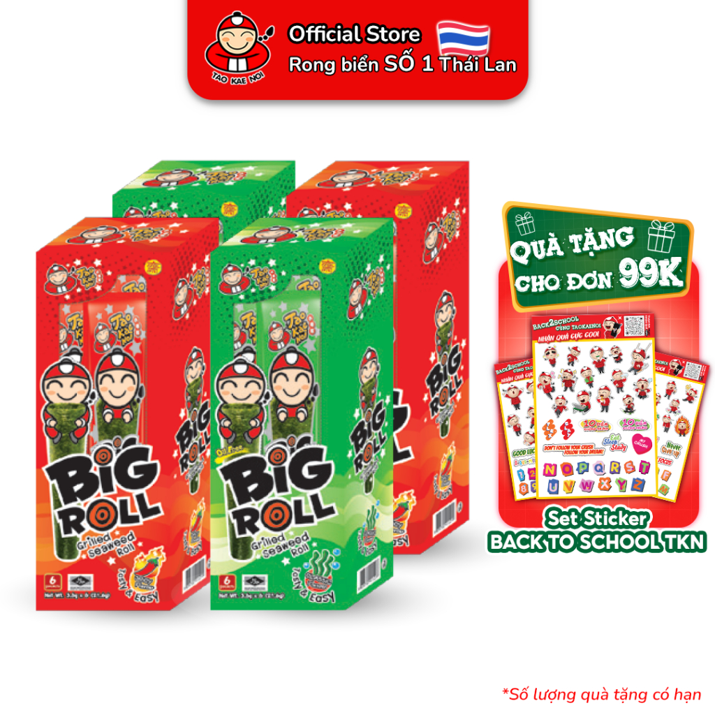 [COMBO TIẾT KIỆM] Snack rong biển TaoKaeNoi Big Roll 3g x 4 hộp (24 gói) (vị Truyền Thống, Cay)