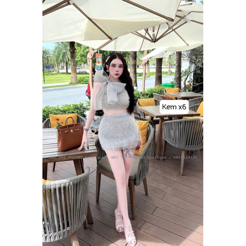 Sét váy lông phối nơ đi chơi đi tiệc siêu sang chảnh