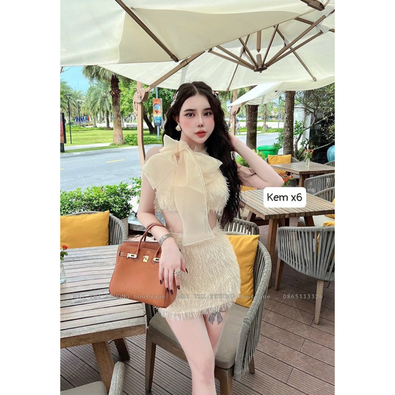 Sét váy lông phối nơ đi chơi đi tiệc siêu sang chảnh
