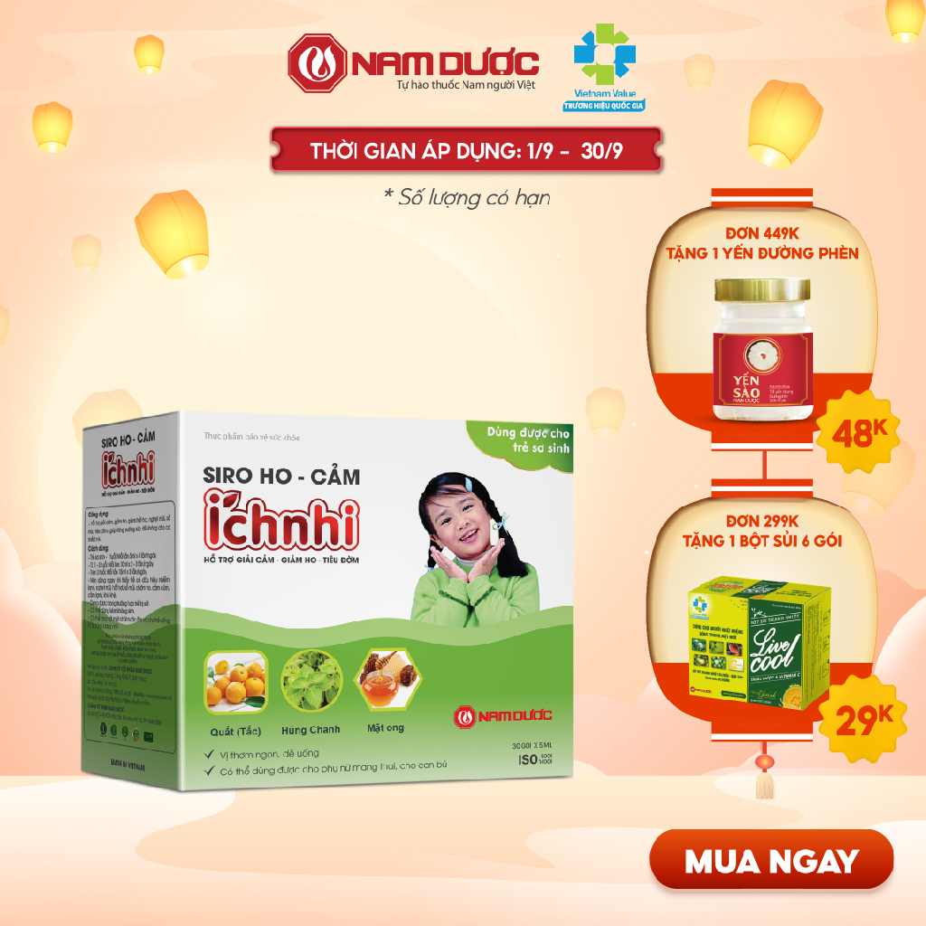 Siro ho cảm Ích Nhi hộp 30 gói x 5ml hỗ trợ giải cảm, giảm ho, sổ mũi, tiêu đờm, dùng cho trẻ nhỏ, bà bầu