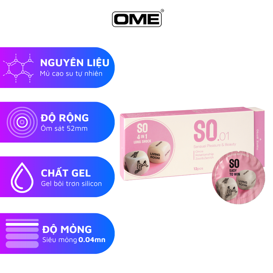 Bao cao su SO 4 IN 1 kéo dài size 52mm gai sọc, hương bạc hà, 12 cái/ hộp