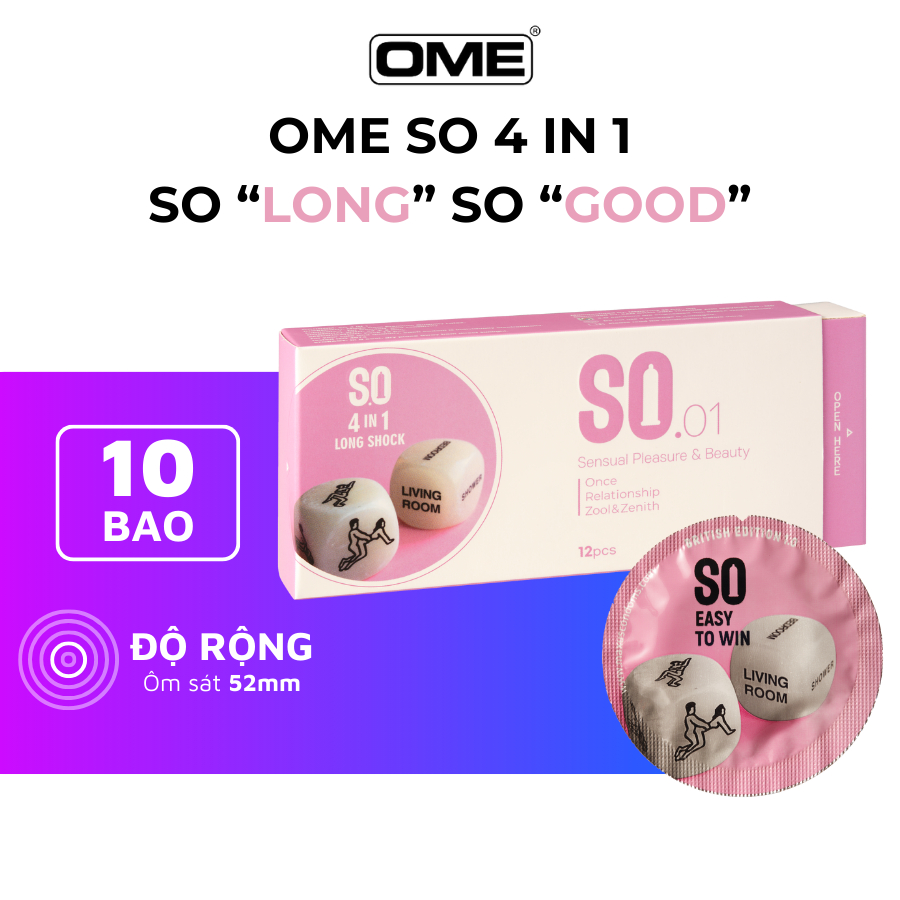 Bao cao su SO 4 IN 1 kéo dài size 52mm gai sọc, hương bạc hà, 12 cái/ hộp
