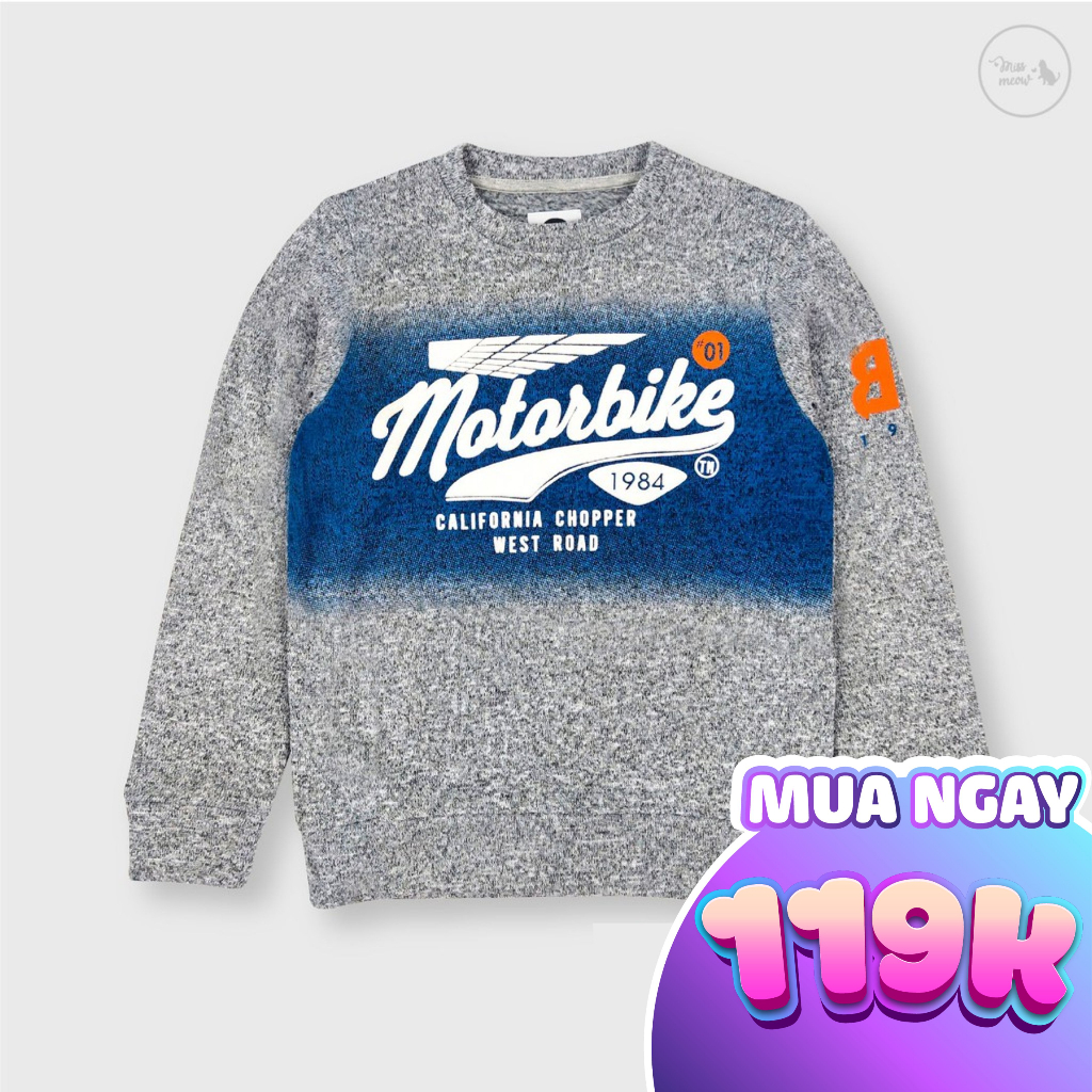 Áo Bé Trai BigFox Missmeow Dài Tay Size Đại, Áo Len Thu Đông Cho Bé In Motobike 12-15