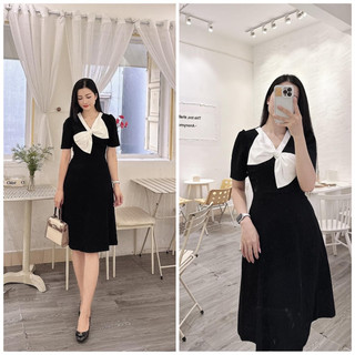Váy tiểu thư mon thiết kế dáng xoè dài phối nơ trắng v0231