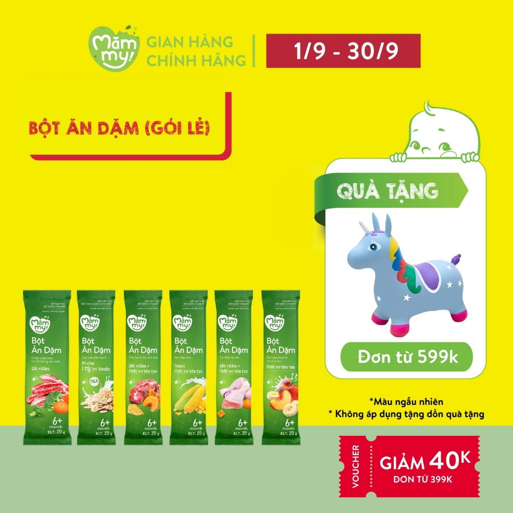 Bột ăn dặm cho bé Mămmy gồm bột sữa yến mạch, sữa bắp non, trái cây mùa hè, cháo sườn heo, thịt bò và gà hầm - 1 gói/20g