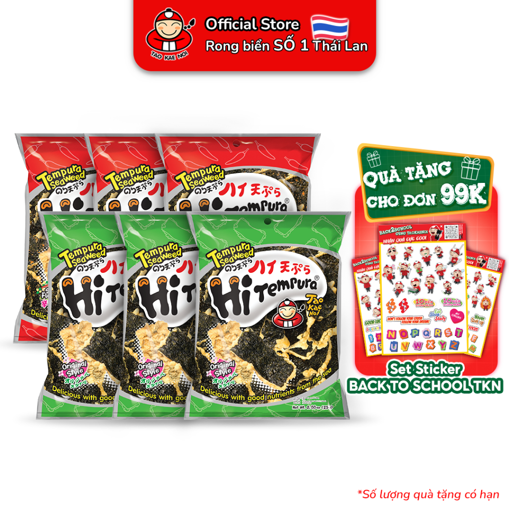 [COMBO 6 MIX VỊ] Snack rong biển TaoKaeNoi Hi Tempura chiên giòn kiểu Nhật 25g x 6 gói ( 3 Cay, 3 Truyền Thống)