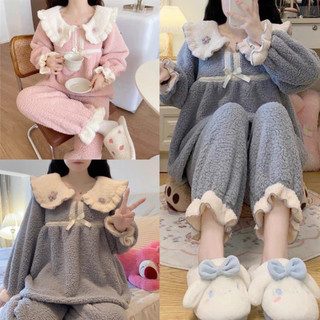 Bộ ngủ lông cừu cổ sen viền bèo quần bo chun form rộng, sét đồ bộ pyjama mặc nhà tiểu thư dễ thương lông gấu đính nơ