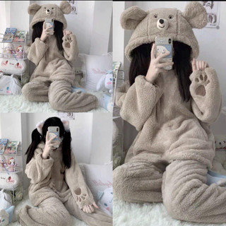 Bộ ngủ lông gấu dễ thương thêu dấu chân màu be, sét đồ pyjama áo lông nữ mũ tai gấu form rộng mượt mà ấm áp hàn quốc