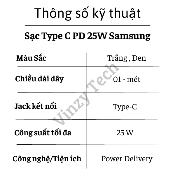 Sạc Nhanh Samsung 25W C-to-C Chính Hãng Vinzy - Bảo Hành 6 tháng