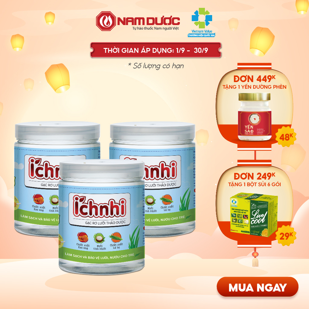 Combo 3 hộp Gạc rơ lưỡi thảo dược Ích Nhi hộp 30 gói giúp vệ sinh răng miệng, làm sạch và bảo vệ nướu trẻ sơ sinh